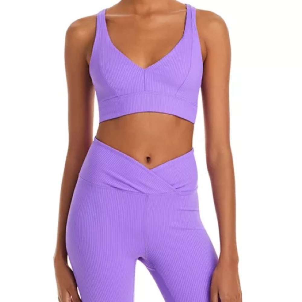 Ribbed V-Neck Sports Bra | Size Small | Purple